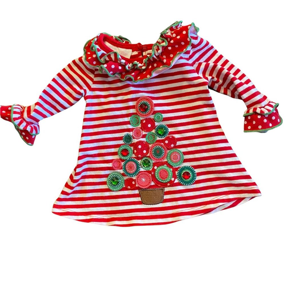 Bonnie Baby 3-6 month Christmas Tree Dress Red Stripe Holiday Ruffles